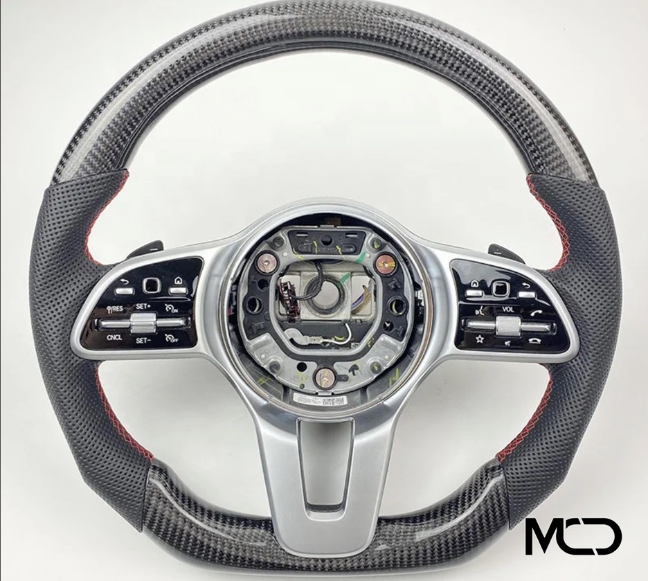 Black alcantara, Gloss carbon, Silver centre Mercedes AMG steering wheel by Miami Carbon Designs