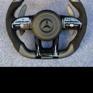 AMG black Alcantara yellow stitching custom carbon fiber steering wheel by Miami Carbon Designs