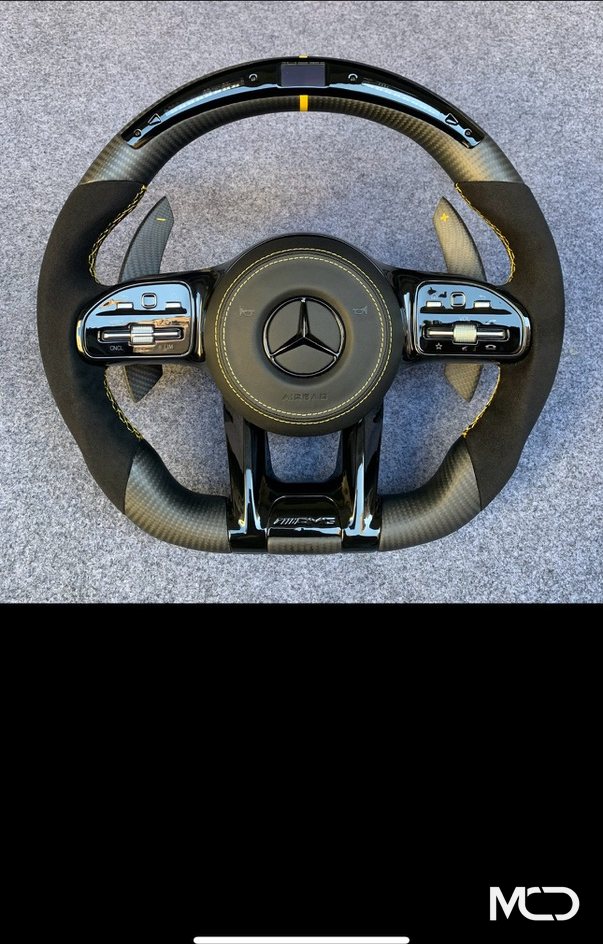 Black alcantara, Gloss carbon, Yellow stitching Mercedes AMG steering wheel by Miami Carbon Designs