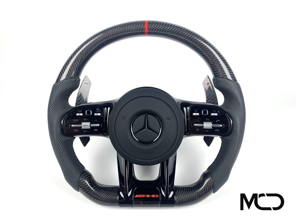 Black perforated leather, Gloss carbon, Red centerline Mercedes AMG steering wheel by Miami Carbon Designs