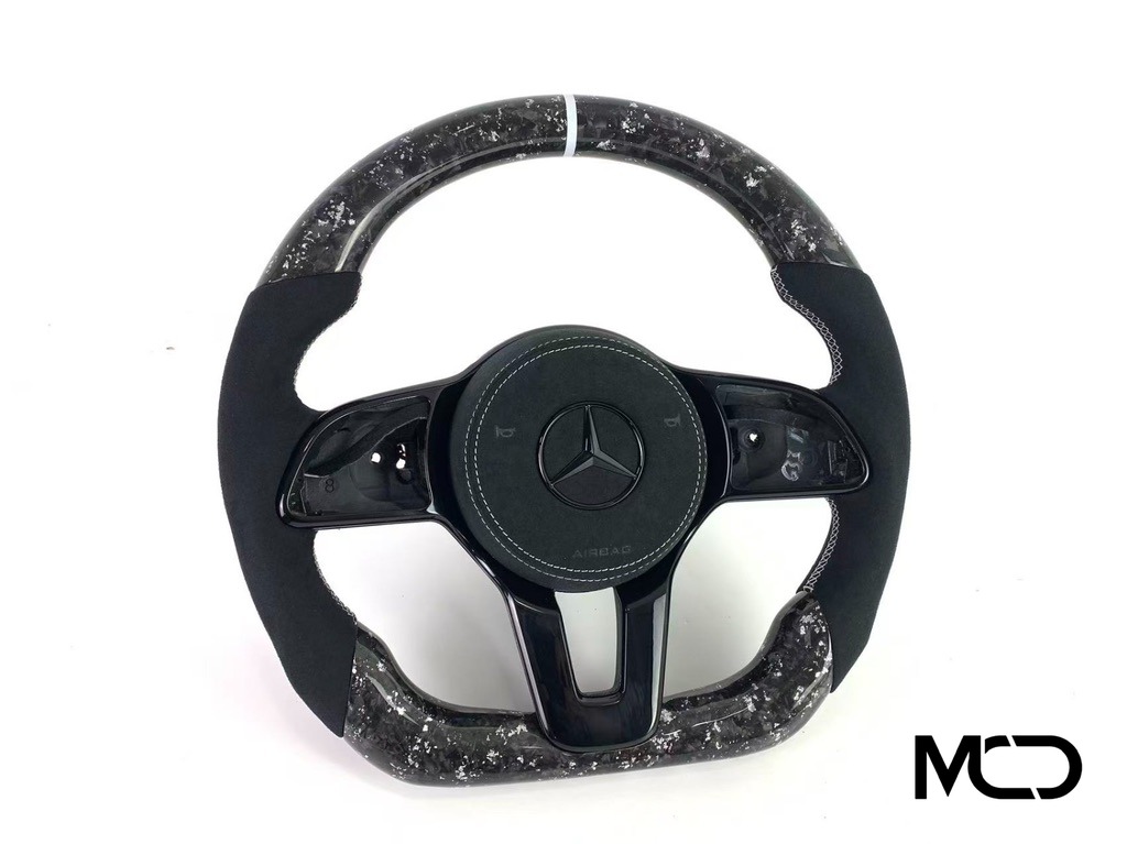 Grey alcantara, Forged carbon, White centerline Mercedes AMG steering wheel by Miami Carbon Designs