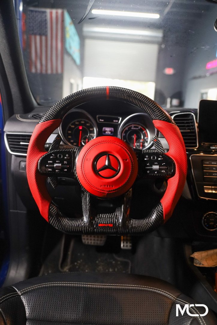 GLE 63, Red perforated leather, Gloss carbon Mercedes AMG steering wheel by Miami Carbon Designs