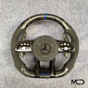 AMG grey Alcantara forged carbon blue centerline custom carbon fiber steering wheel by Miami Carbon Designs