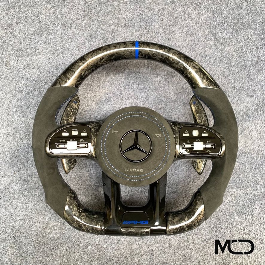 Grey alcantara, Forged carbon, Blue centerline Mercedes AMG steering wheel by Miami Carbon Designs
