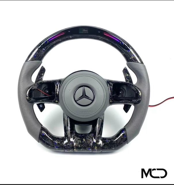 Red perforated leather, Gloss carbon, LED ready Mercedes AMG steering wheel by Miami Carbon Designs