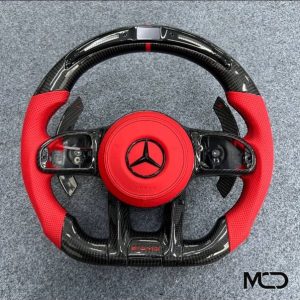 AMG red perforated red centerline custom carbon fiber steering wheel by Miami Carbon Designs