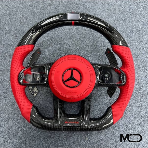 Red perforated leather, Gloss carbon, Red centerline Mercedes AMG steering wheel by Miami Carbon Designs