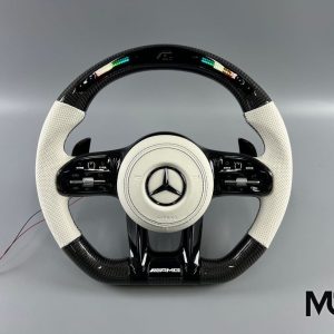 AMG white perforated leather LED lit custom carbon fiber steering wheel by Miami Carbon Designs