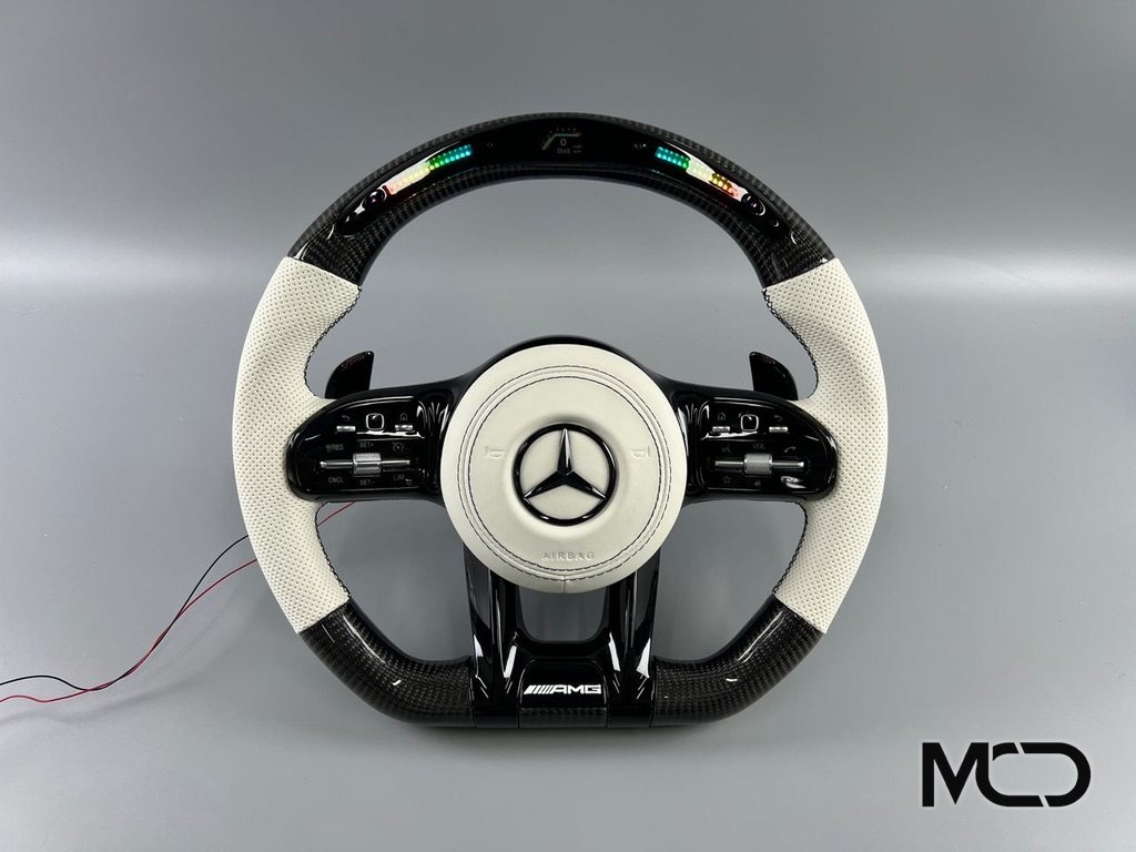 White perforated leather, Gloss carbon, LED lit Mercedes AMG steering wheel by Miami Carbon Designs