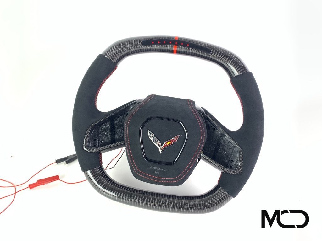 Alcantara, Red stitching, LED shift module Corvette C8 steering wheel by Miami Carbon Designs