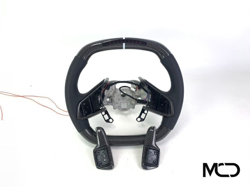 Black perforated leather, LED shift module Corvette C8 steering wheel by Miami Carbon Designs