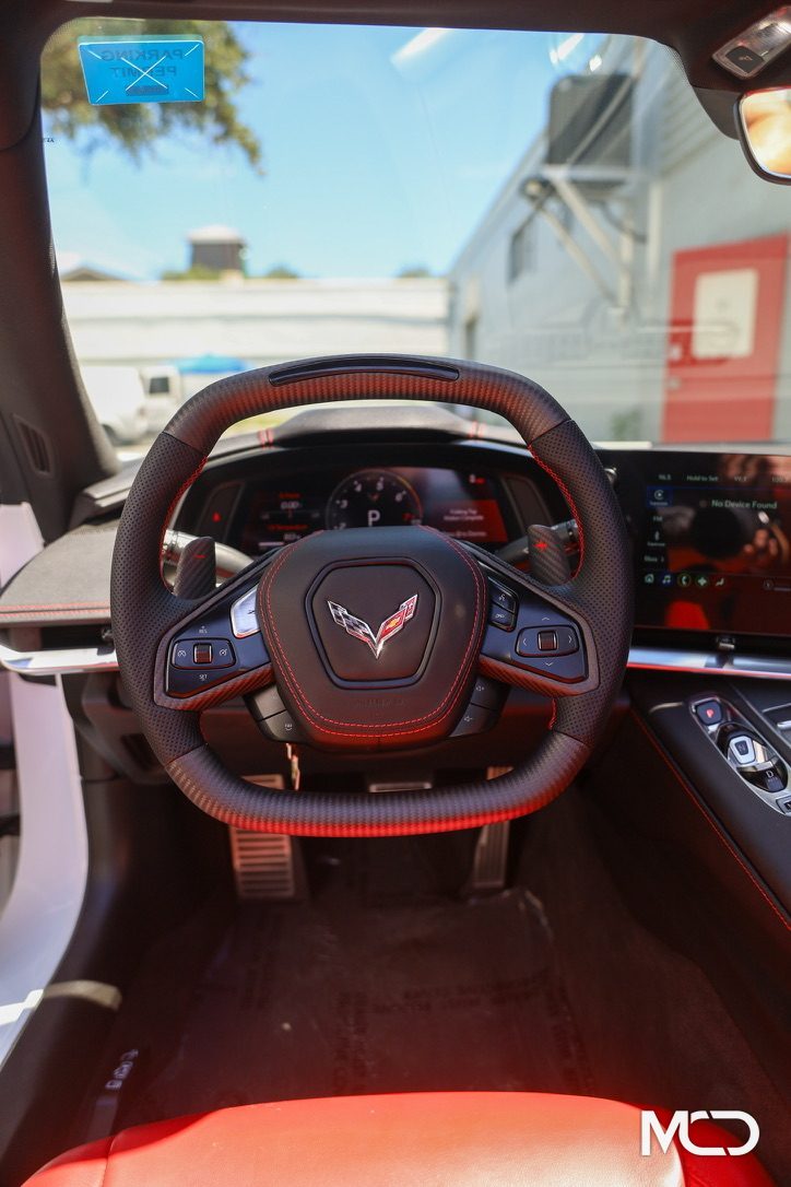 Black perforated leather, Red stitching, Matte carbon Corvette C8 steering wheel by Miami Carbon Designs