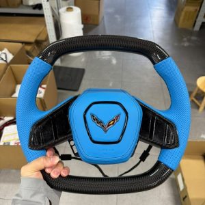 C8 blue perforated leather gloss carbon custom carbon fiber steering wheel by Miami Carbon Designs