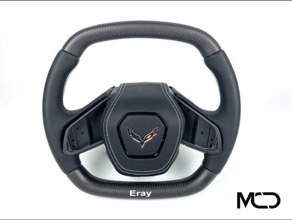 E-Ray, Black leather, Grey stitching Corvette C8 steering wheel by Miami Carbon Designs