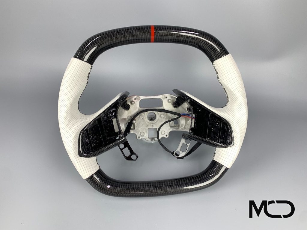 White perforated leather, Red centerline Corvette C8 steering wheel by Miami Carbon Designs