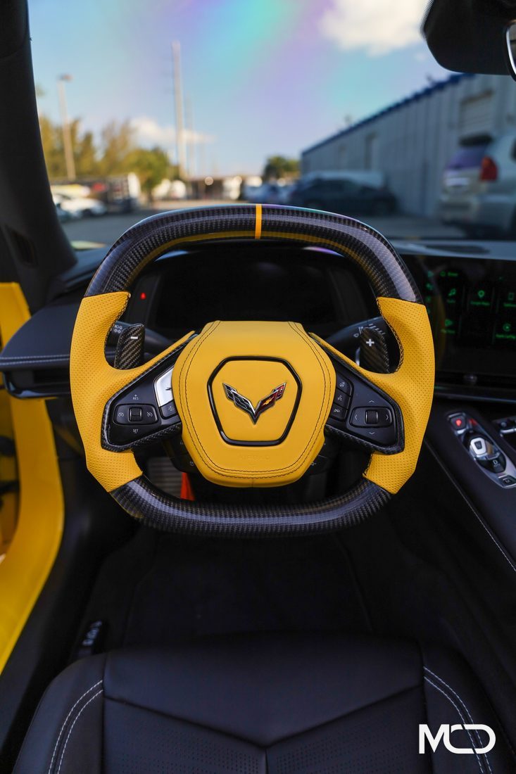 Yellow leather, Yellow centerline, Gloss carbon Corvette C8 steering wheel by Miami Carbon Designs