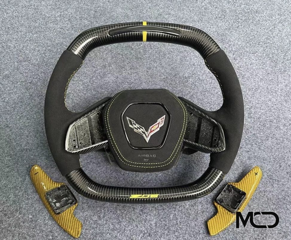 Z06, Alcantara, Yellow stitching, Yellow carbon paddles Corvette C8 steering wheel by Miami Carbon Designs