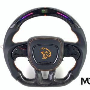 Dodge black leather orange stitching Hellcat LED custom carbon fiber steering wheel by Miami Carbon Designs