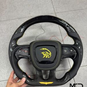 Dodge black leather yellow stitching Hellcat custom carbon fiber steering wheel by Miami Carbon Designs