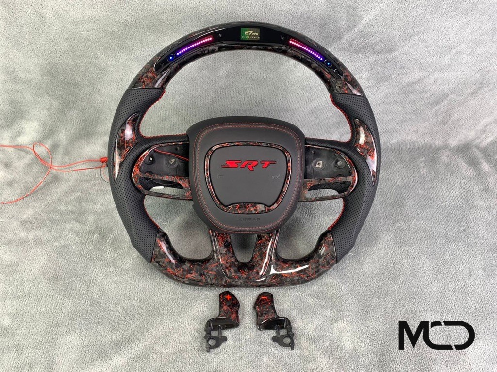 Black perforated leather, Red forged carbon, Carbon paddles, LED display Dodge steering wheel by Miami Carbon Designs