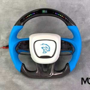 Dodge blue leather white airbag Hellcat LED custom carbon fiber steering wheel by Miami Carbon Designs