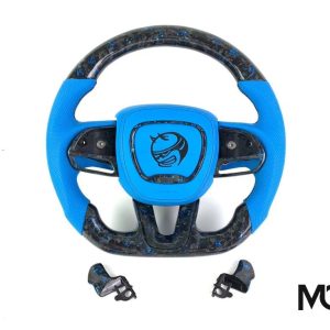 Dodge blue perforated blue flake forged scat pack custom carbon fiber steering wheel by Miami Carbon Designs
