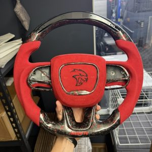 Dodge red Alcantara red flake forged redeye custom carbon fiber steering wheel by Miami Carbon Designs