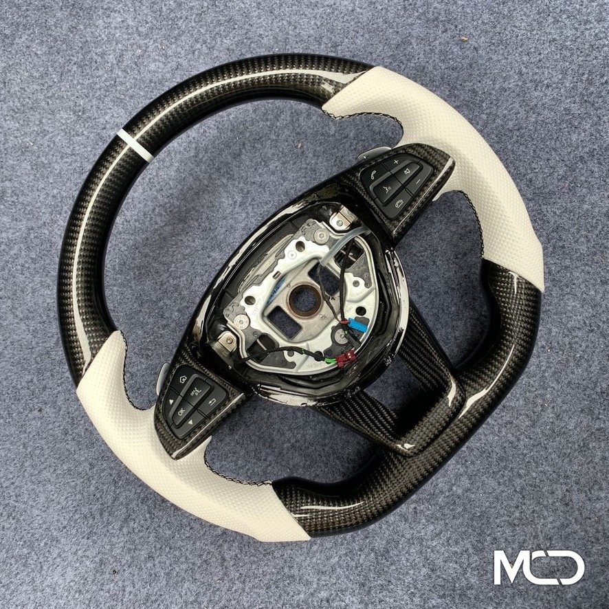 Black and cream two tone, Gloss carbon, White centerline Mercedes steering wheel by Miami Carbon Designs