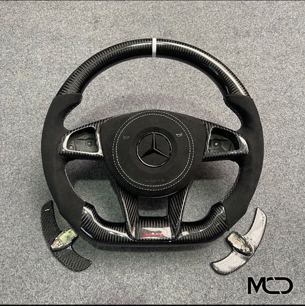 Black leather, Gloss carbon, Carbon paddles Mercedes steering wheel by Miami Carbon Designs