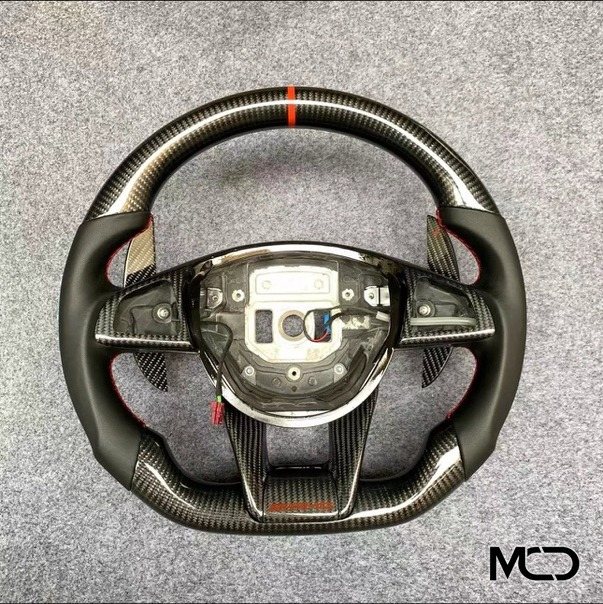 Black leather, Gloss carbon, Red centerline Mercedes steering wheel by Miami Carbon Designs