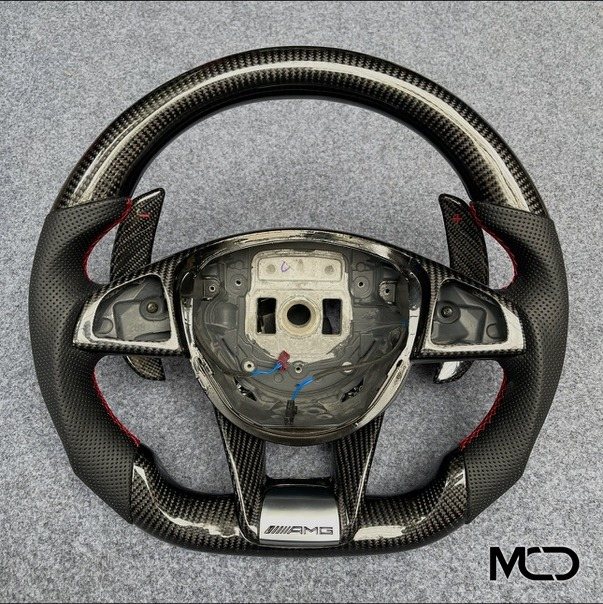 Black leather, Gloss carbon, Red stitching Mercedes steering wheel by Miami Carbon Designs