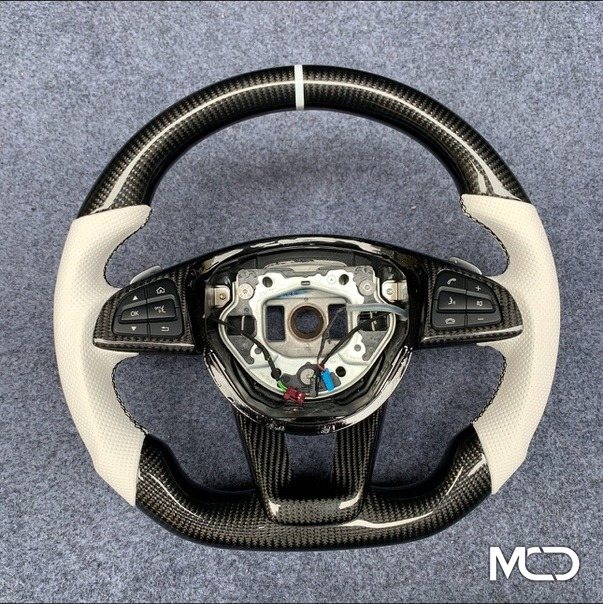 Cream perforated leather, Gloss carbon Mercedes steering wheel by Miami Carbon Designs