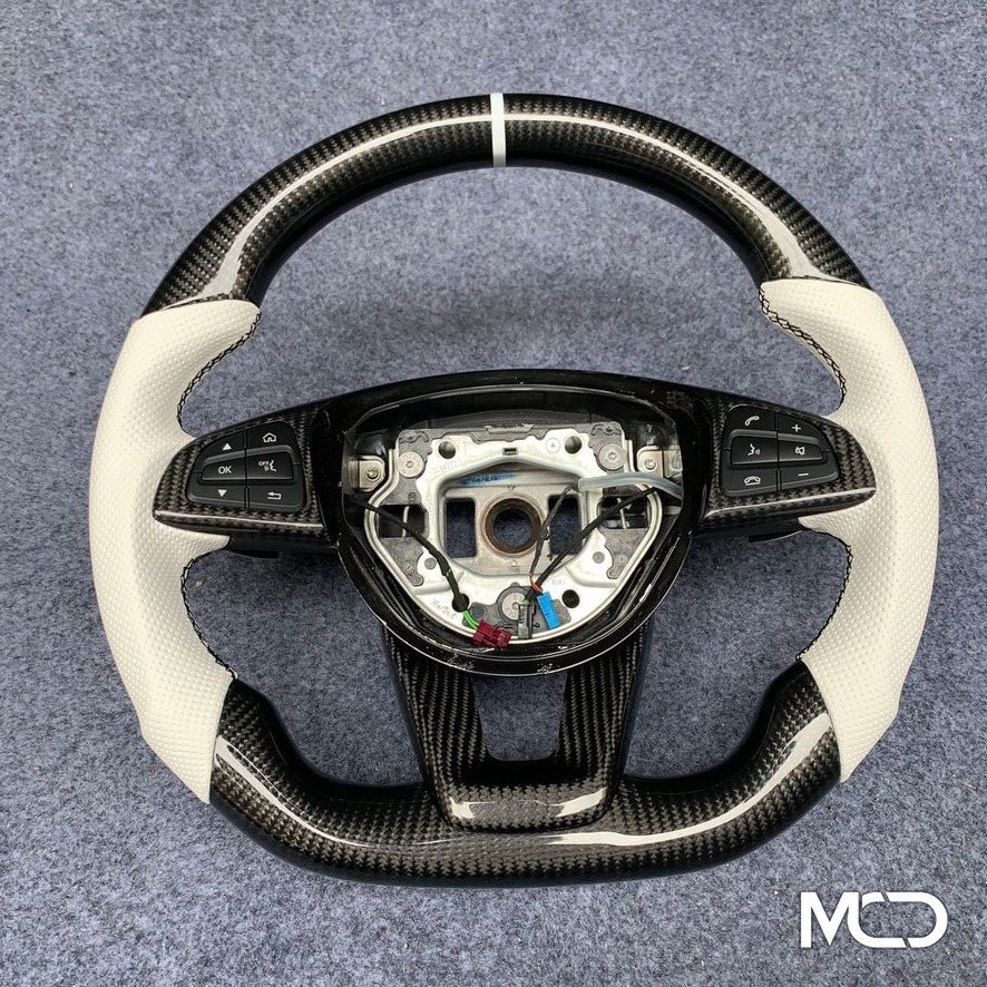 Cream perforated leather, Gloss carbon, White centerline Mercedes steering wheel by Miami Carbon Designs
