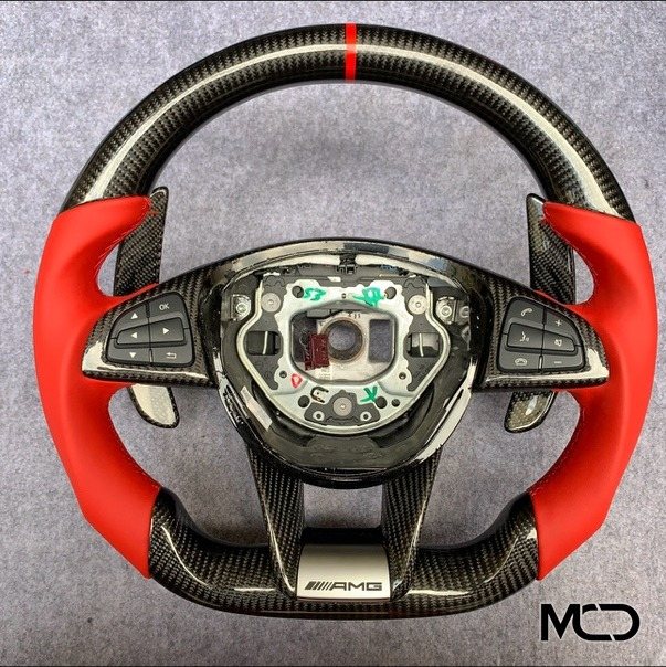 Red leather, Gloss carbon, Red centerline Mercedes steering wheel by Miami Carbon Designs