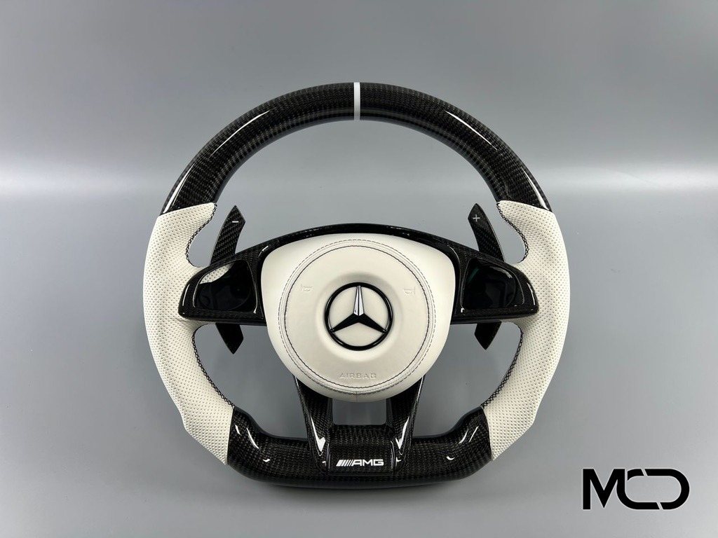 White perforated leather, Gloss carbon, Complete with airbag Mercedes steering wheel by Miami Carbon Designs