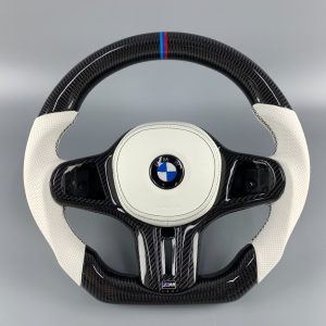 BMW G series custom gloss carbon fiber steering wheel with white perforated leather and M tricolor stripe by Miami Carbon Designs