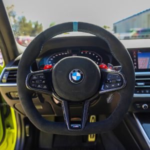 BMW G80 M3 custom full Alcantara steering wheel with blue centerline and blue stitching, installed, by Miami Carbon Designs