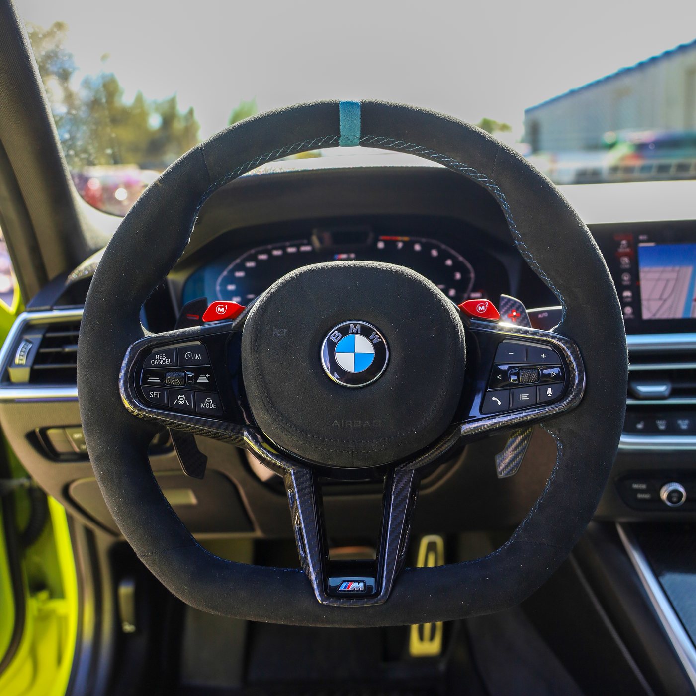 BMW G80 M3 custom full Alcantara steering wheel with blue centerline and blue stitching, installed, by Miami Carbon Designs