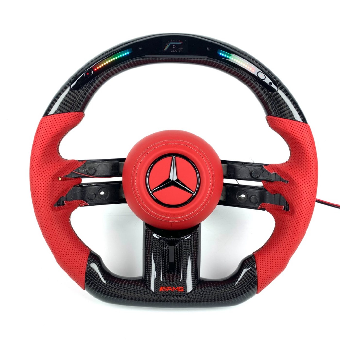 Mercedes 2024 custom gloss carbon fiber steering wheel in red perforated leather with LED display and white stitching by Miami Carbon Designs