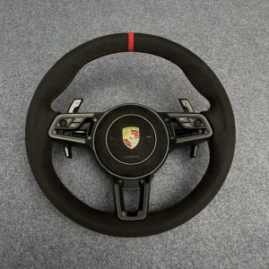 Porsche 992 custom full Alcantara steering wheel with red centerline and red stitching by Miami Carbon Designs