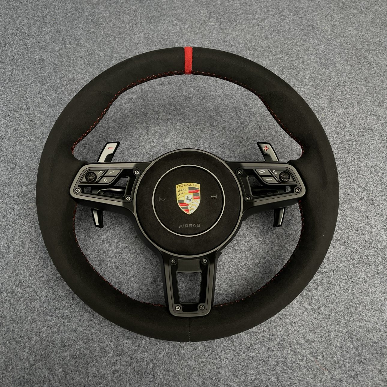 Porsche 992 custom full Alcantara steering wheel with red centerline and red stitching by Miami Carbon Designs