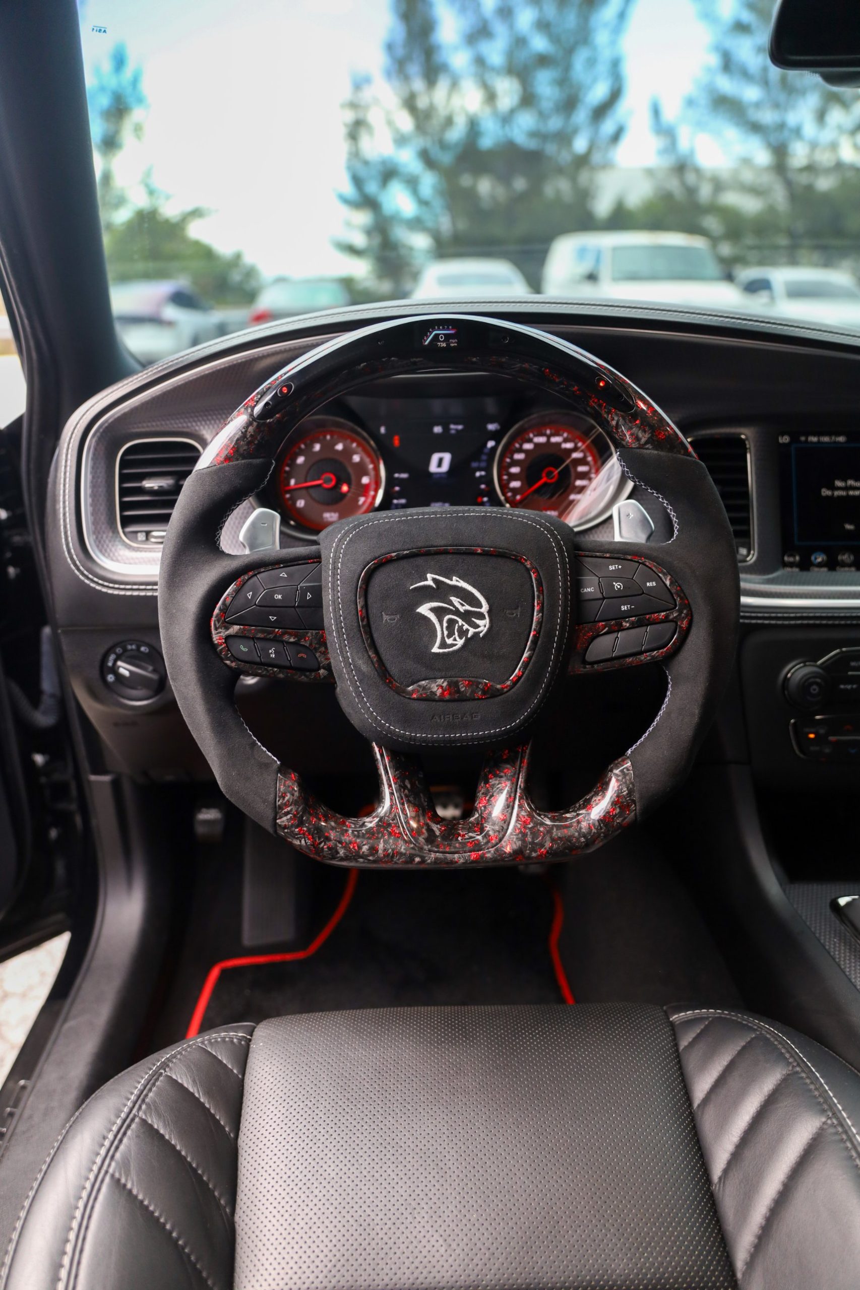 Charger, Black Alcantara, Red flake forged, Installed Dodge steering wheel by Miami Carbon Designs